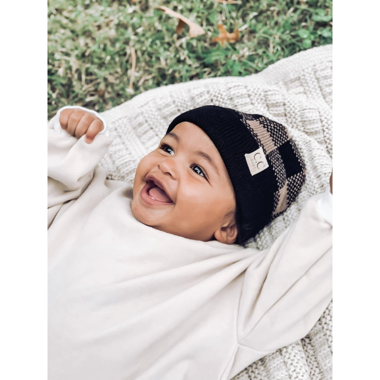 Baby Buffalo Plaid Cuff Beanie- Dark Grey