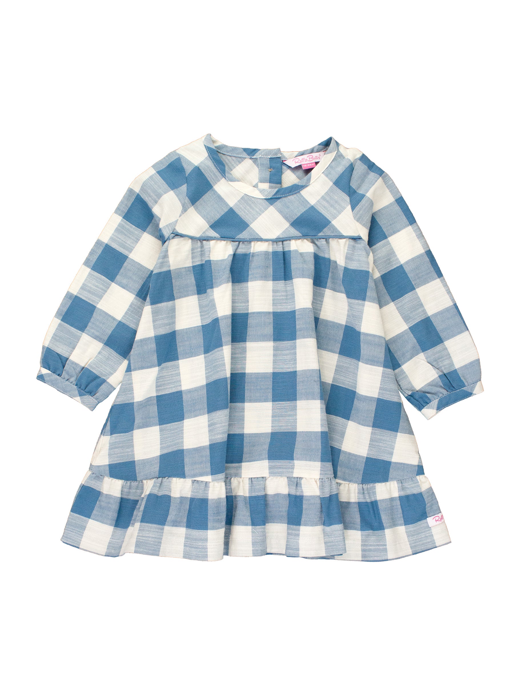 fitted lace wedding dress Countryside Blue Plaid Long Sleeve Ruffle Hem Dress