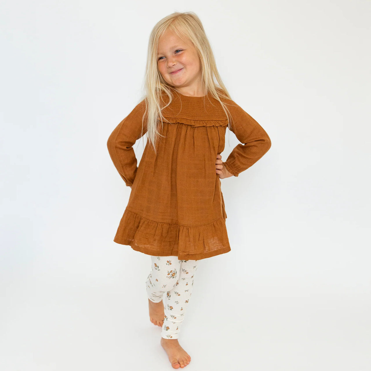 Smocked Dress + Legging in Cashew and Mocha Floral