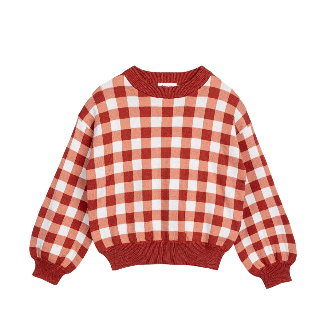 Brick and Off-White Gingham Girls' Jacquard Sweater