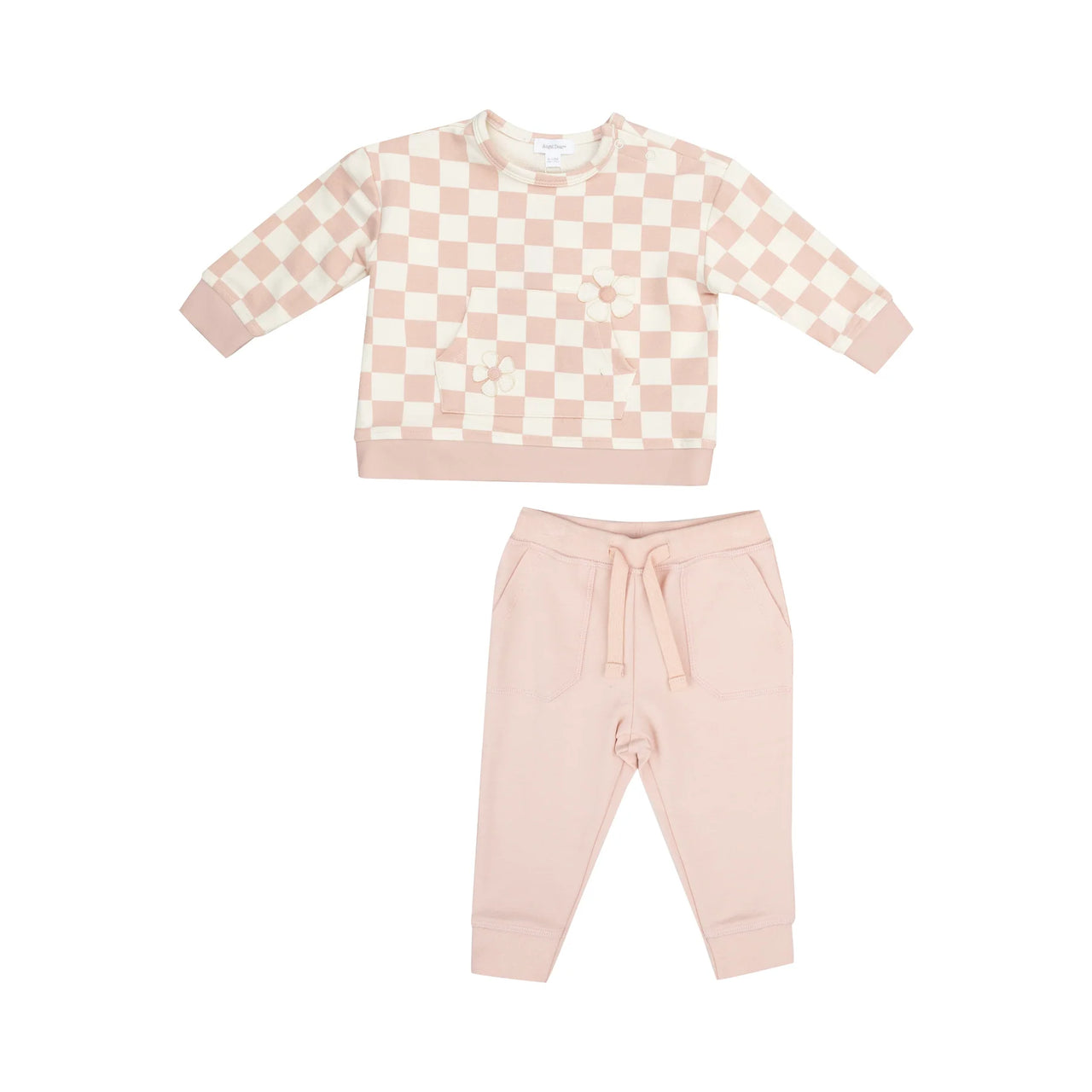 French Terry Sweatshirt with Daisy Patch + Jogger- Checkerboard Pink