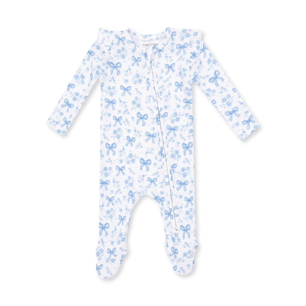 Ruffle Sleeve Zippered Footie- Blue Bows & Flowers