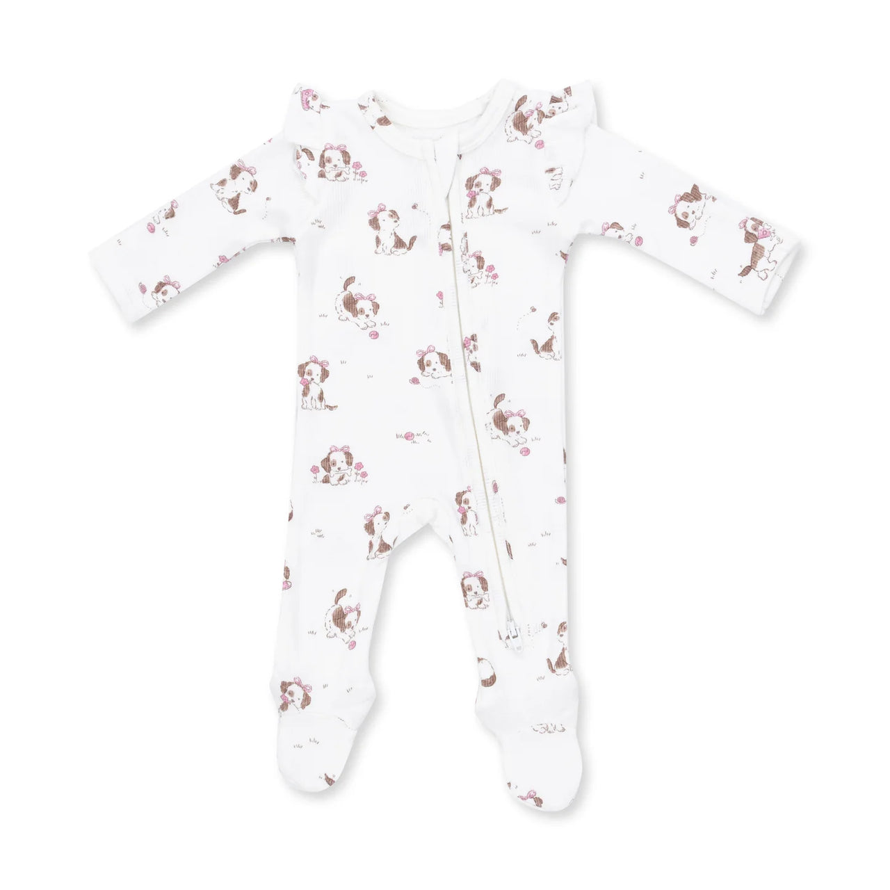 Ruffle Sleeve Zippered Footie- Explorer Puppy Pink