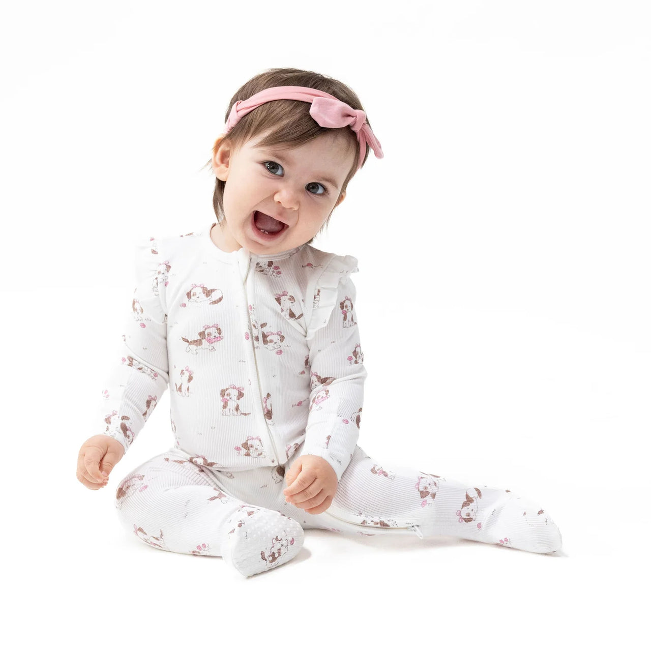 Ruffle Sleeve Zippered Footie- Explorer Puppy Pink