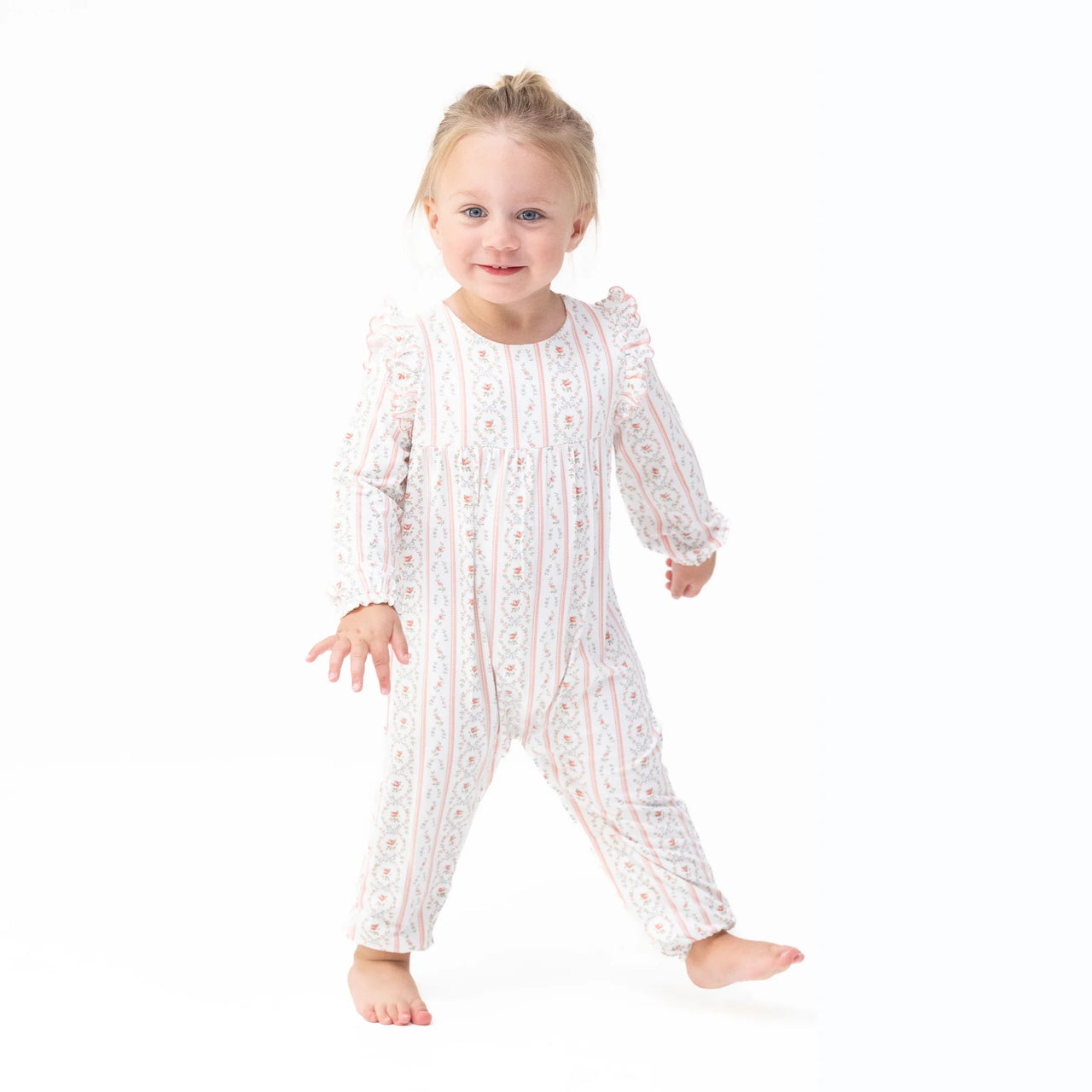 Marnie Rosebud Stripe Long Sleeve Petal Ruffle Romper