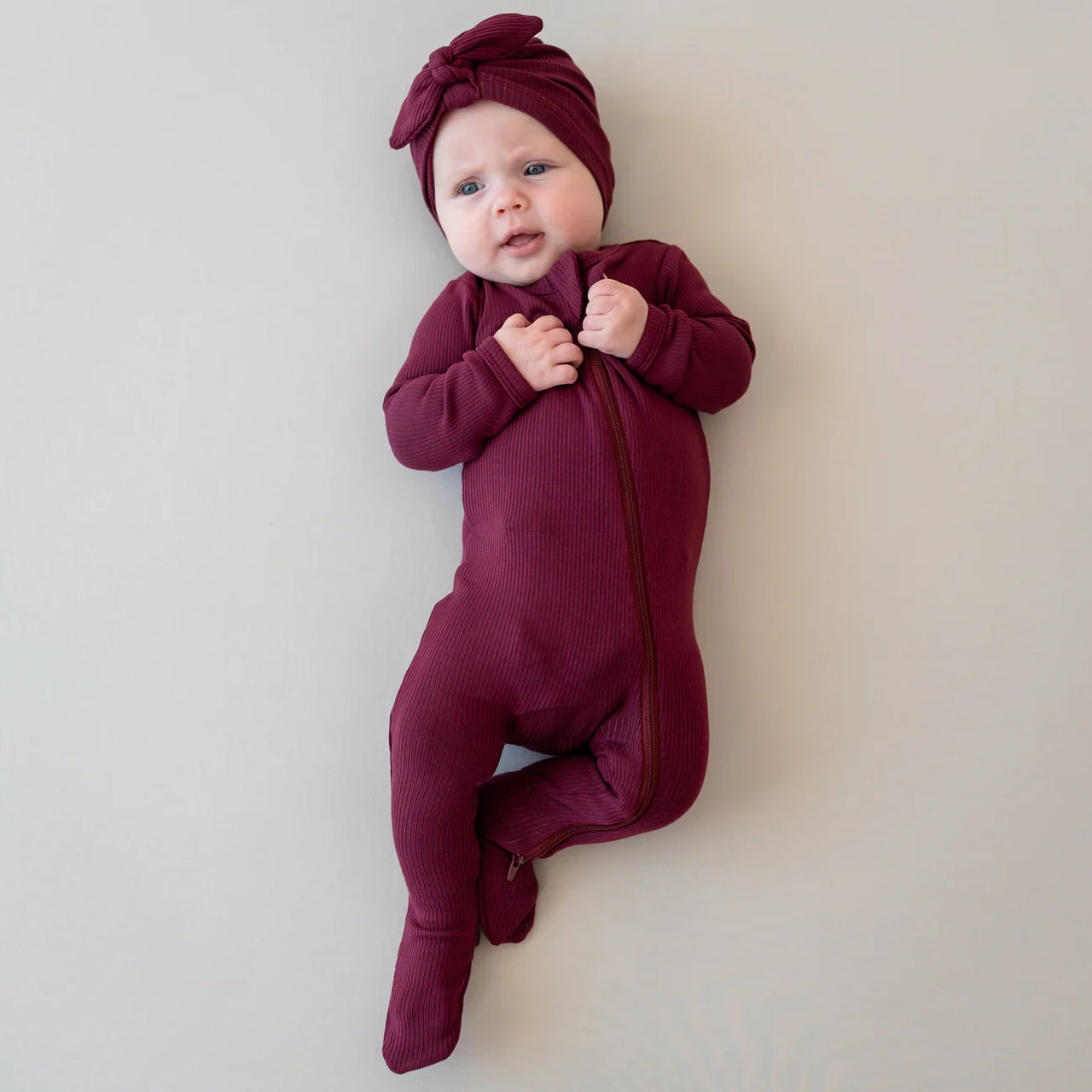 Ribbed Zippered Footie- Burgundy
