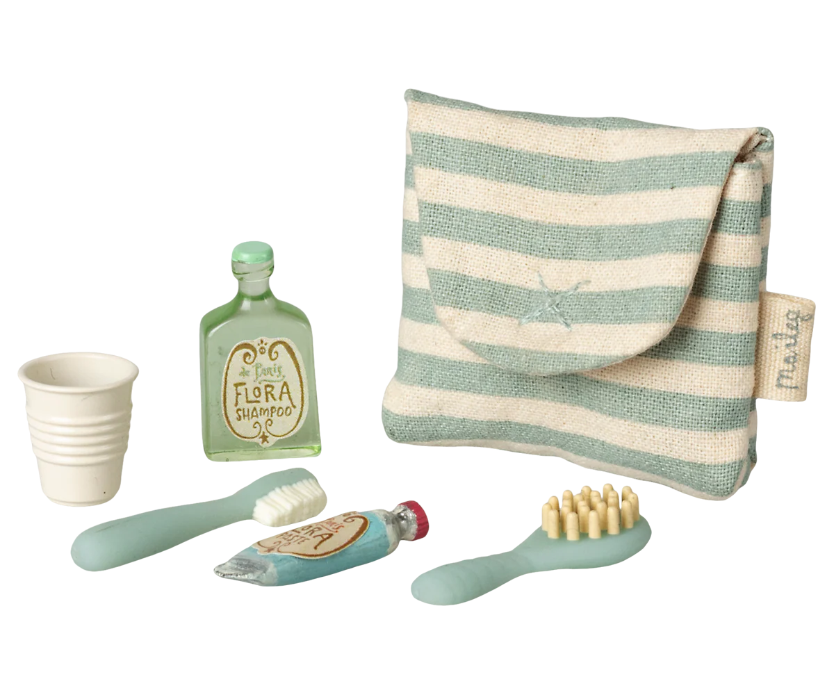 Maileg Toothbrush set in bag, Mouse - Blue Stripe