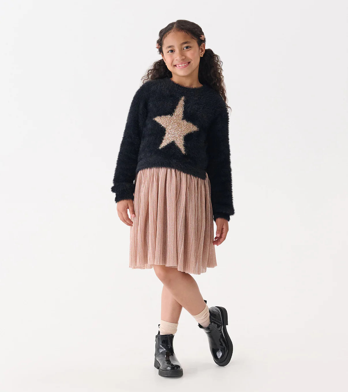 Girls Gold Star Mix Media Dress