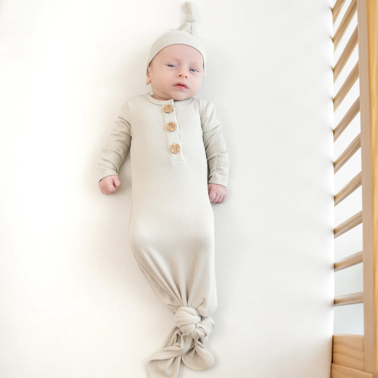 Ribbed Knotted Gown with Hat Set- Oat