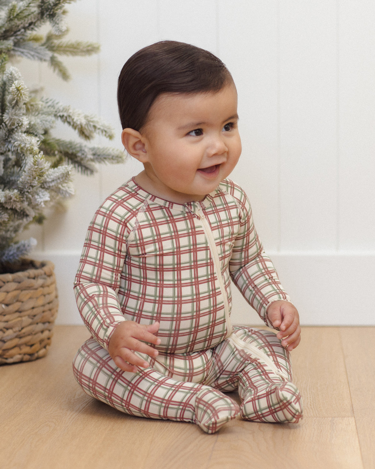 Bamboo ZIppered Footie- Redwood Check