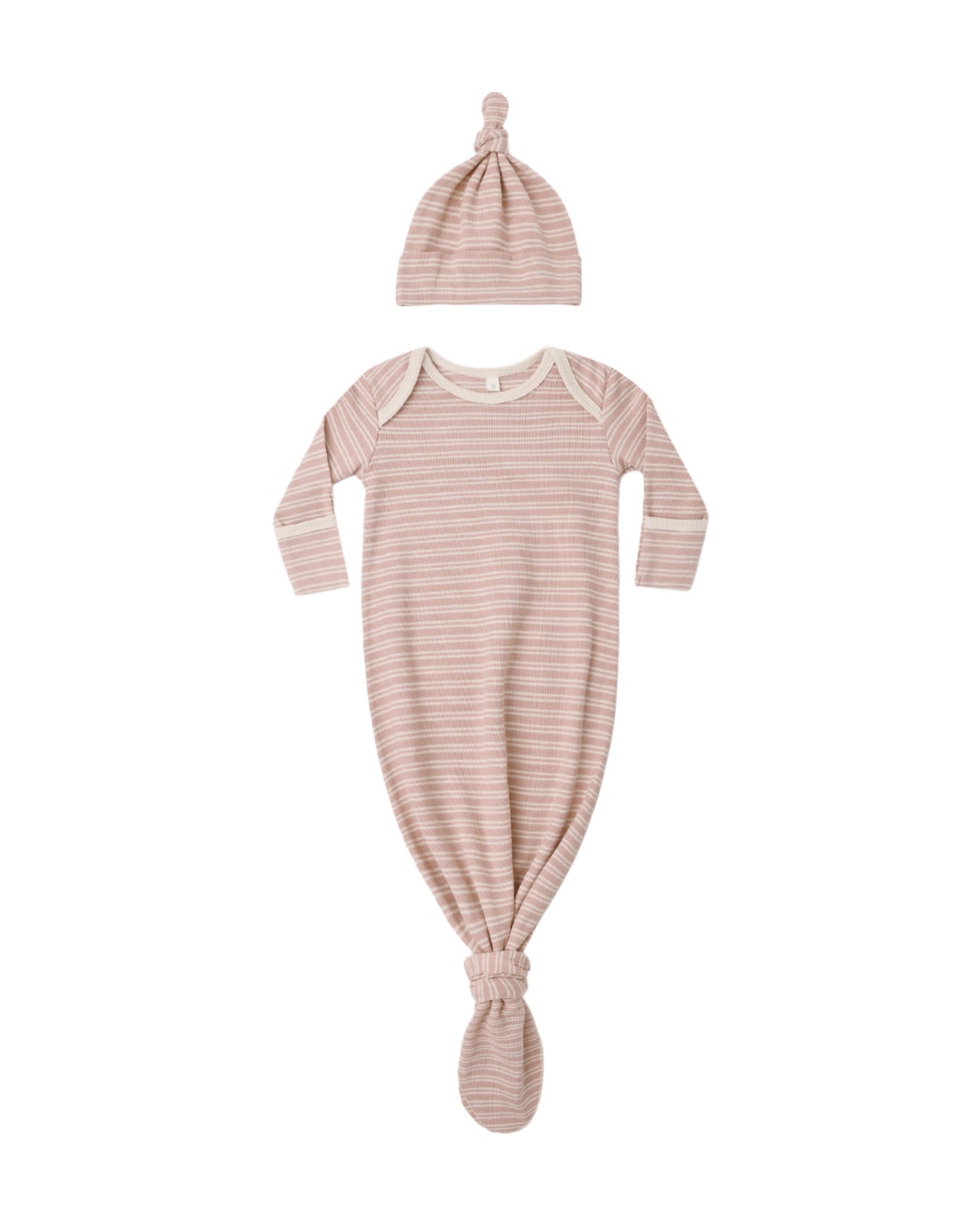 Knotted Baby Gown + Hat Set- Dusty Rose Micro Stripe