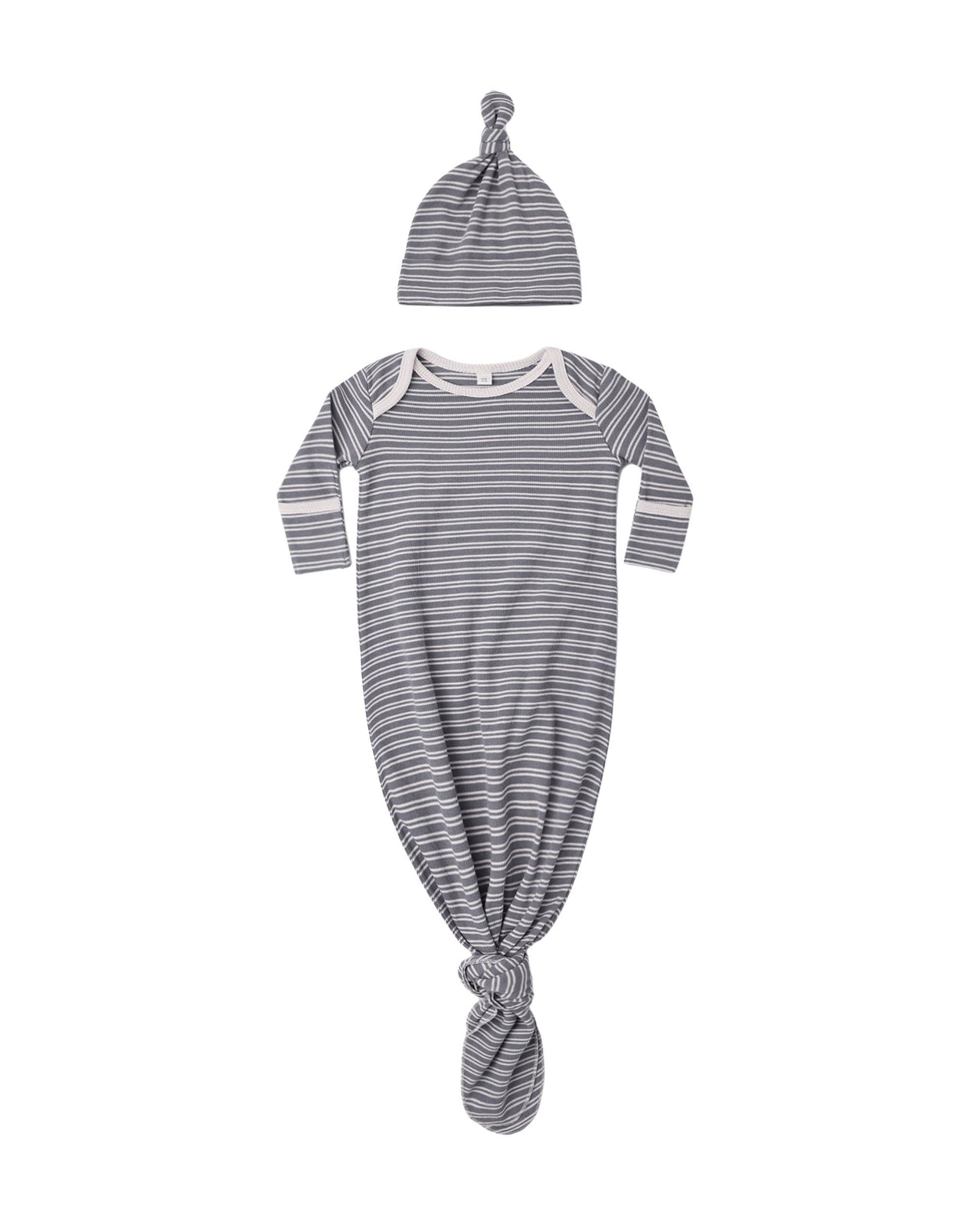 Knotted Baby Gown + Hat Set- Slate Micro Stripe