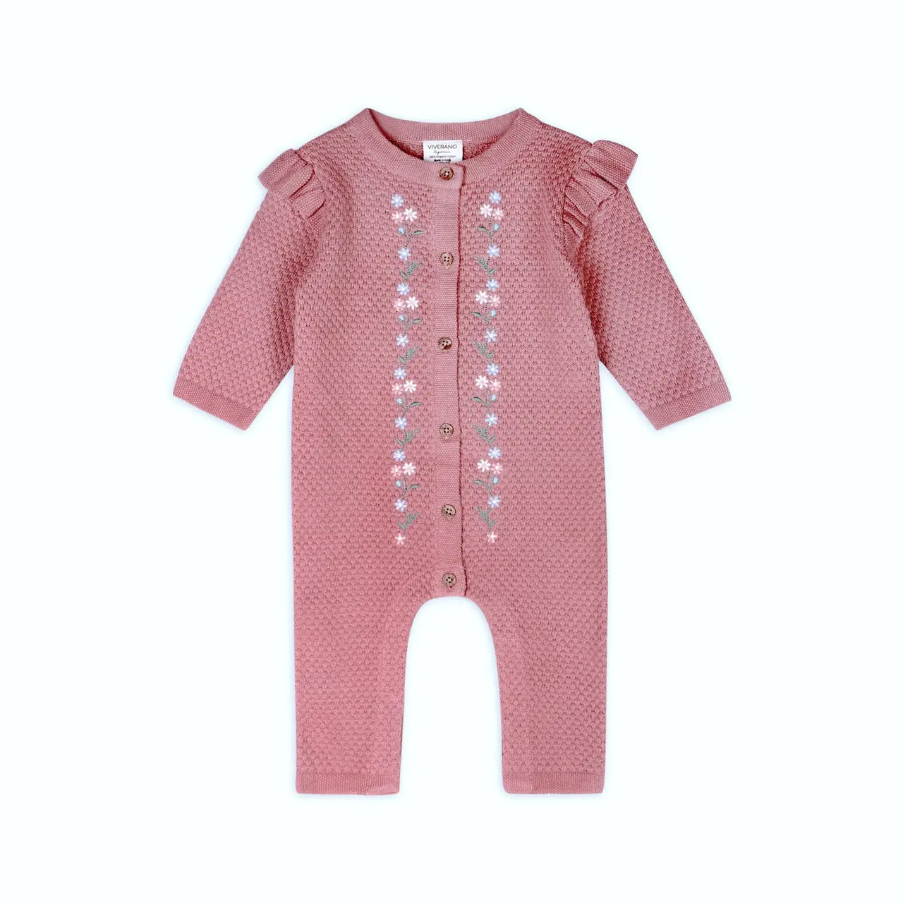 Organic Floral Embroidered Sweater Knit Baby Ruffle Jumpsuit