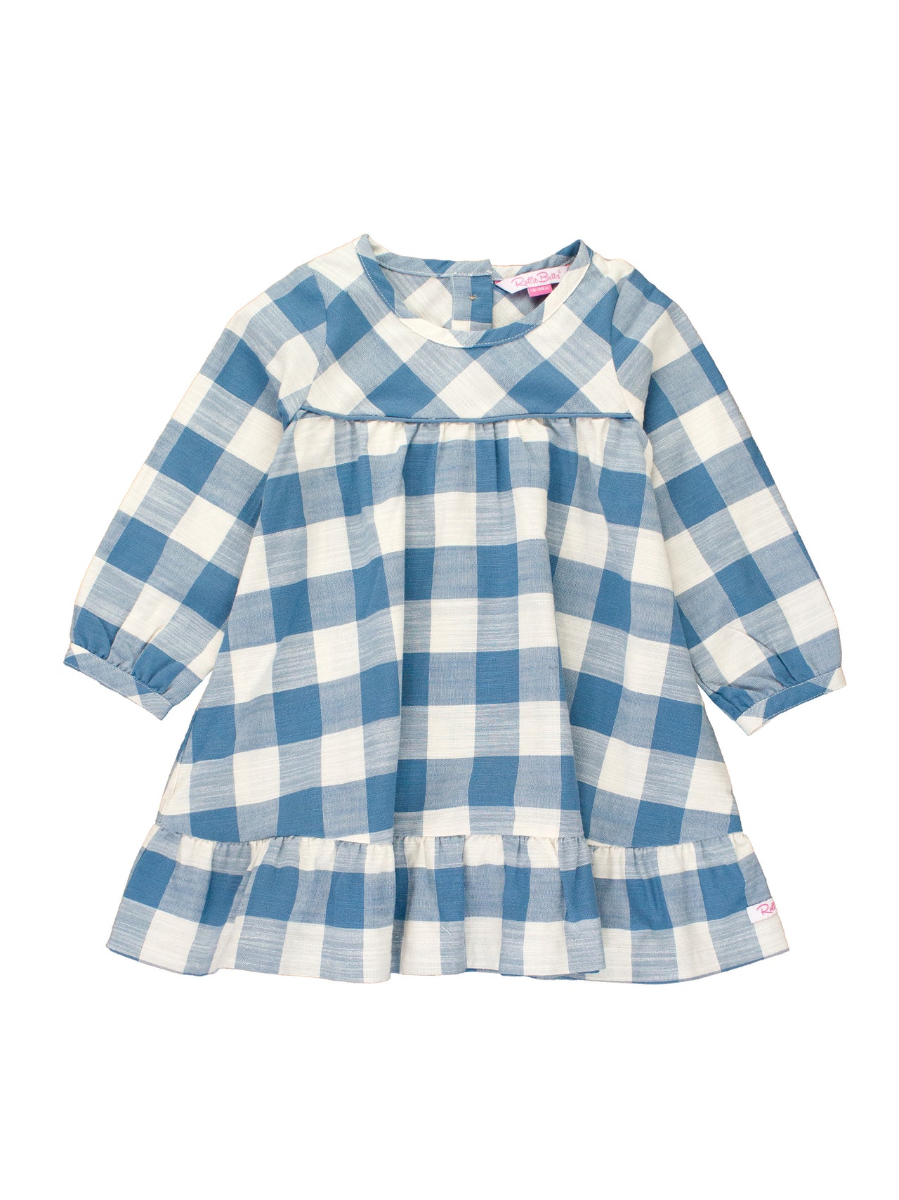 Countryside Blue Plaid Long Sleeve Ruffle Hem Dress