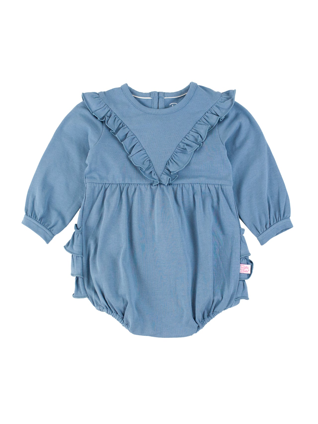 Countryside Blue Knit Long Sleeve V-Ruffle Bubble Romper