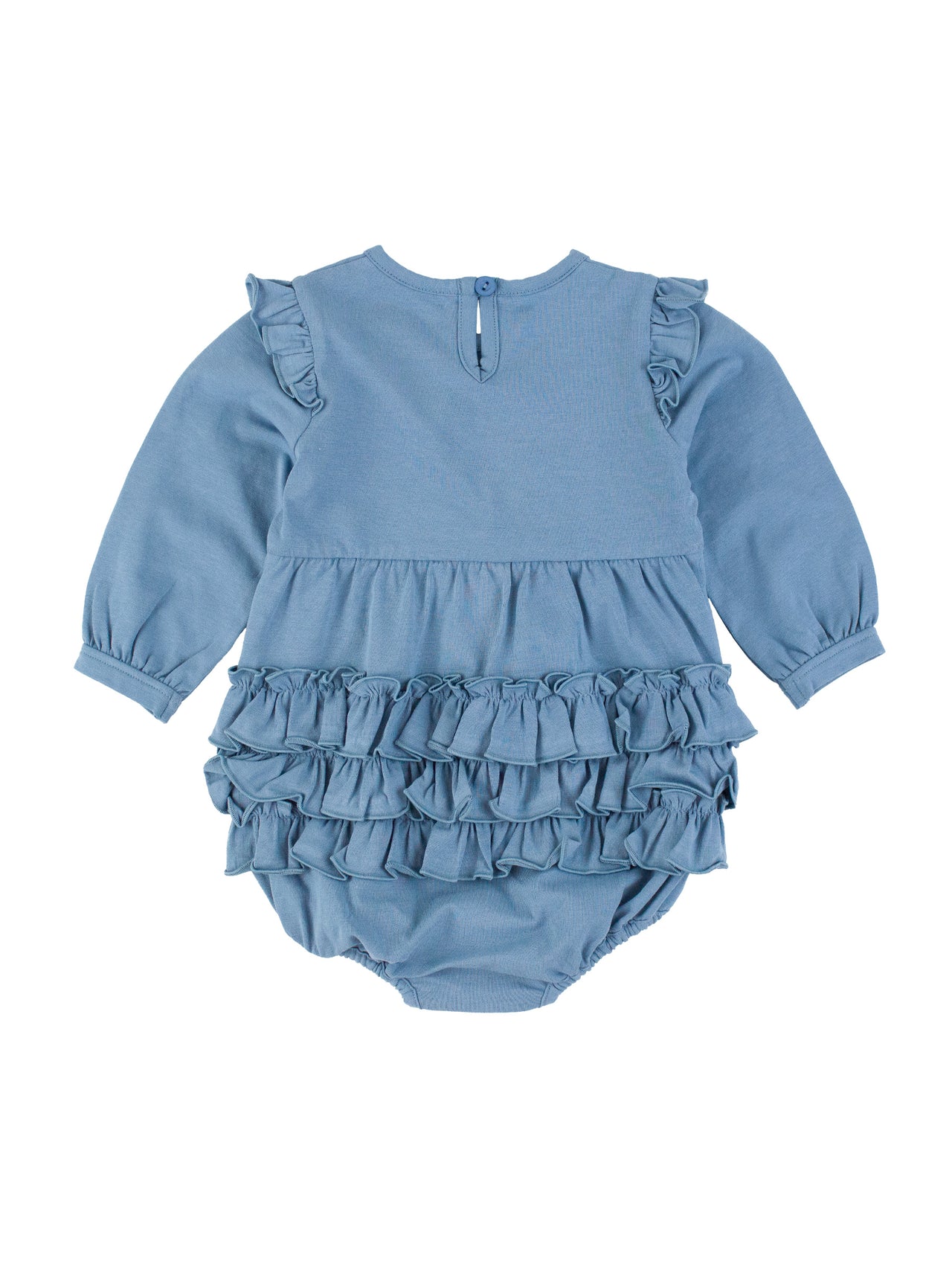 Countryside Blue Knit Long Sleeve V-Ruffle Bubble Romper