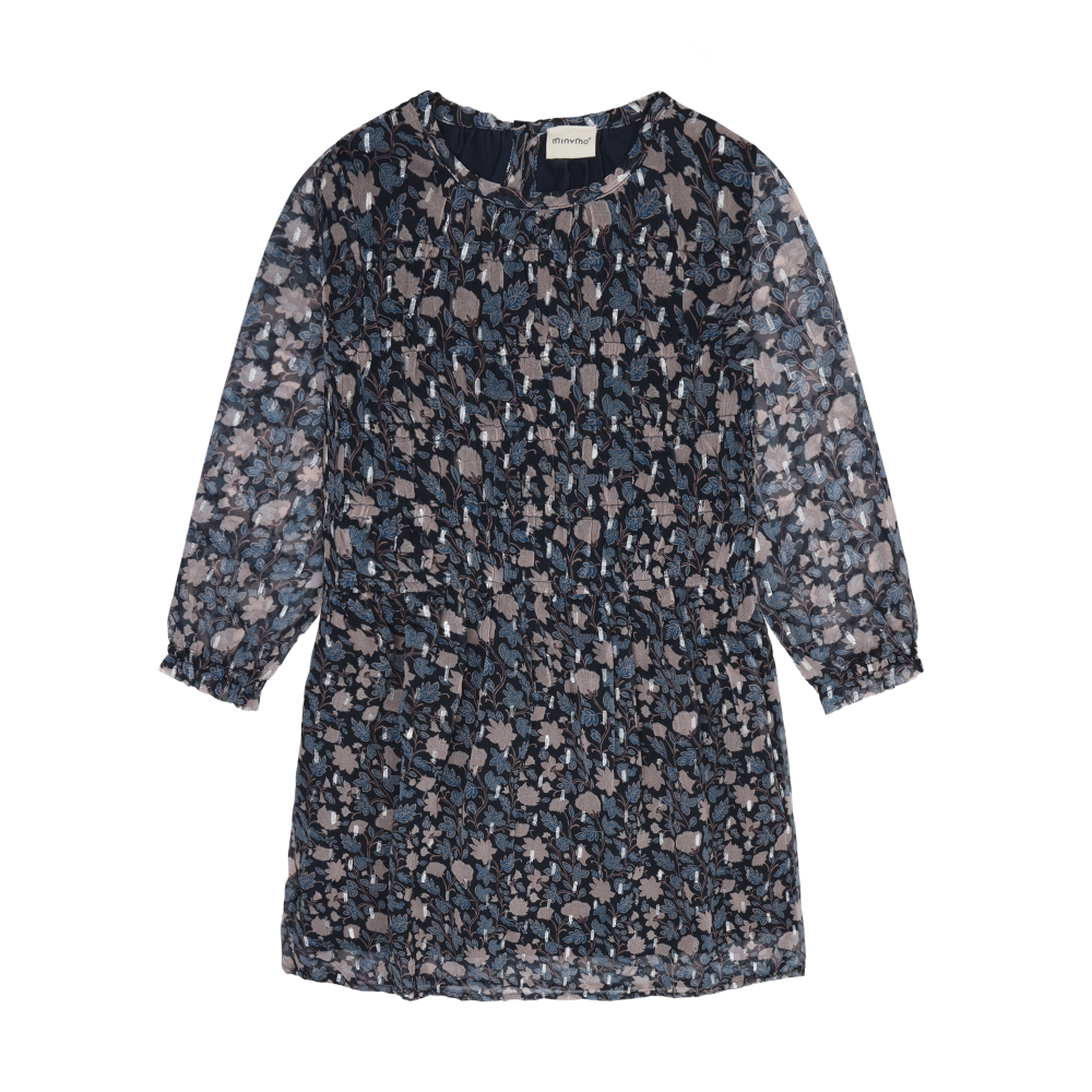 Long Sleeve Floral Dobby Dress- Dark Sapphire