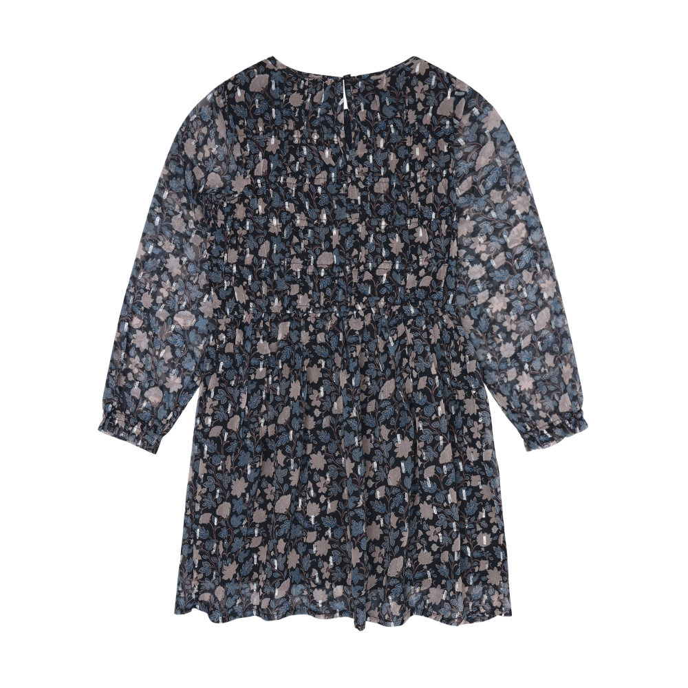 Long Sleeve Floral Dobby Dress- Dark Sapphire