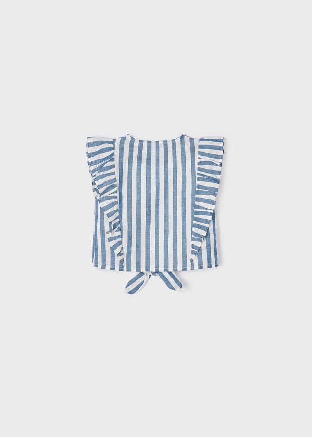 Chambray Striped Tee with Ruffle Sleeve