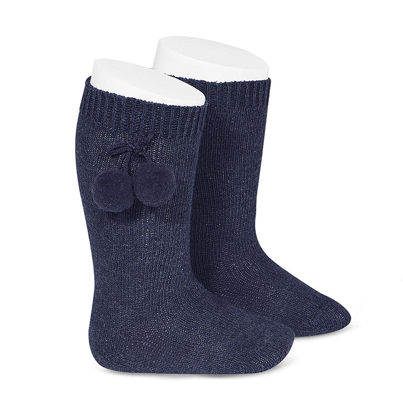 Knee High Pom Pom Socks - Navy