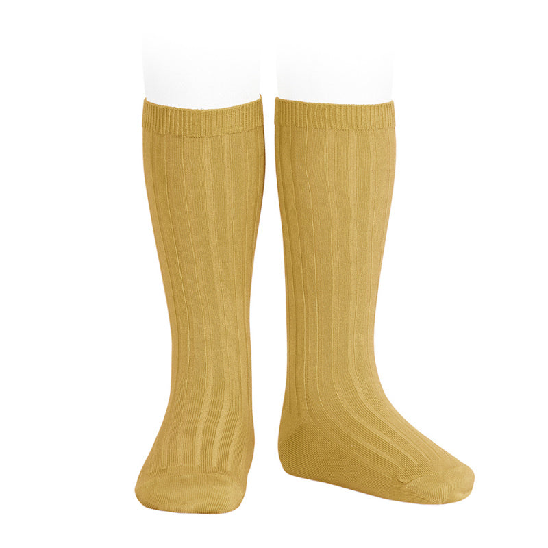 Ribben Cotton Knee Socks - Curry